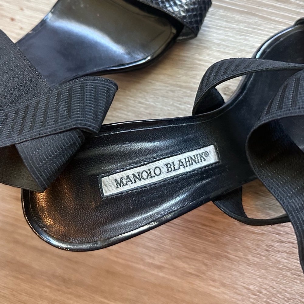 Manolo Blahnik Black Elastic Strappy Snakeskin Open Toe Heel Sandals Size 39 - Picture 6 of 9